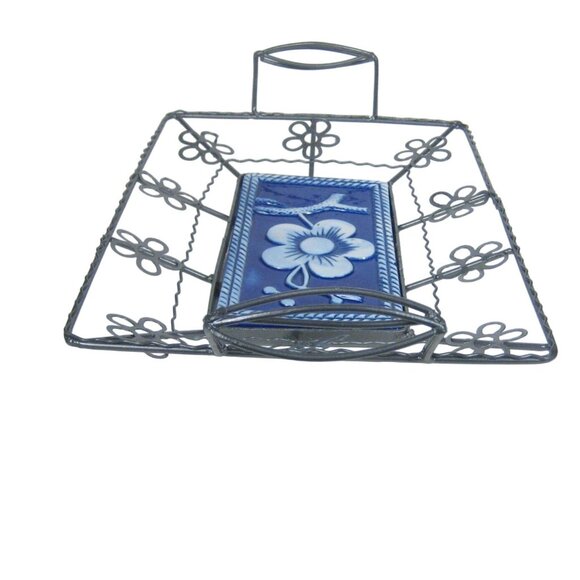 Wire Basket Blue Floral Ceramic Centerpiece Rustic Farmhouse 17 inch - Picture 6 of 10